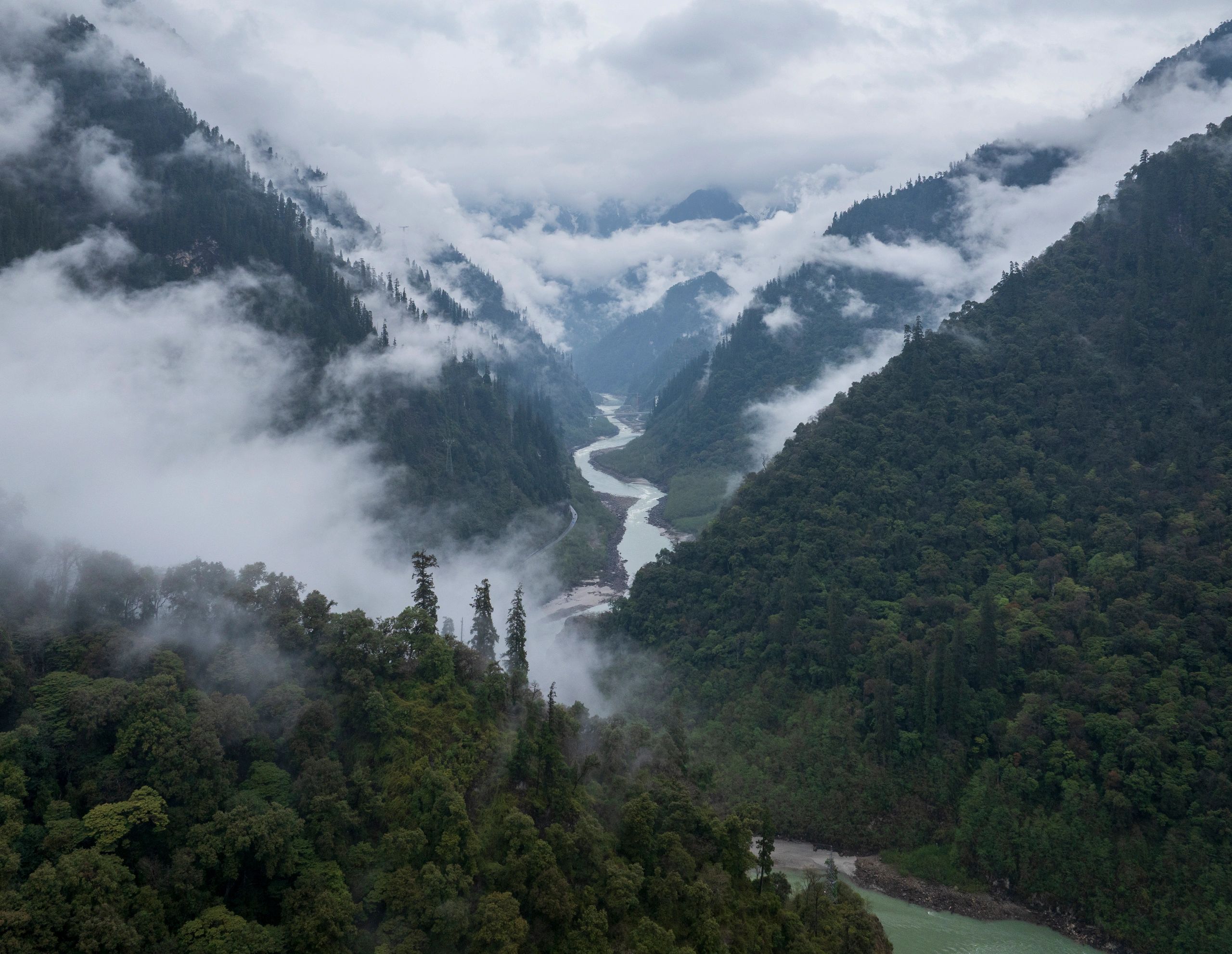 Misty mountains and winding river through primeval forest